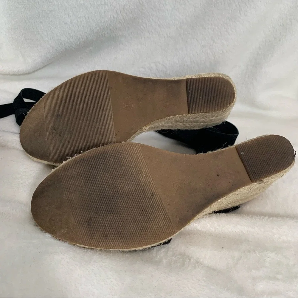 LOFT‎ Espadrille Wedge Sandals Women 8 Black Lace Up Ankle Tie Suede Jute Heel